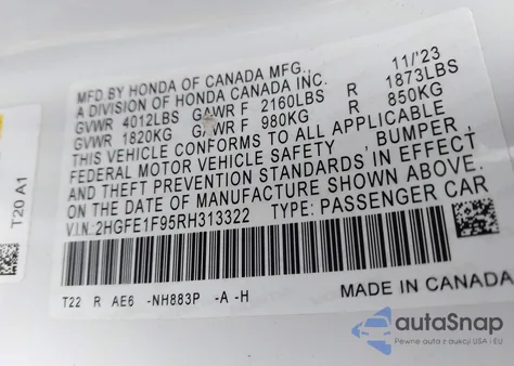2024 Honda Civic Touring from USA, damaged, VIN 2HGFE1F95RH313322